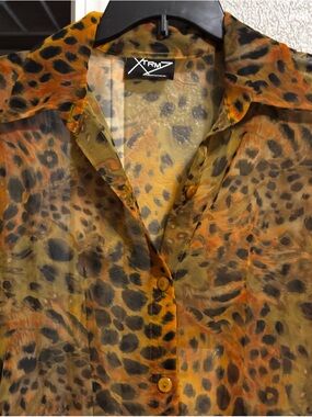 Women's Sheer Animal Print Button-Down Shirt - Brown/Black